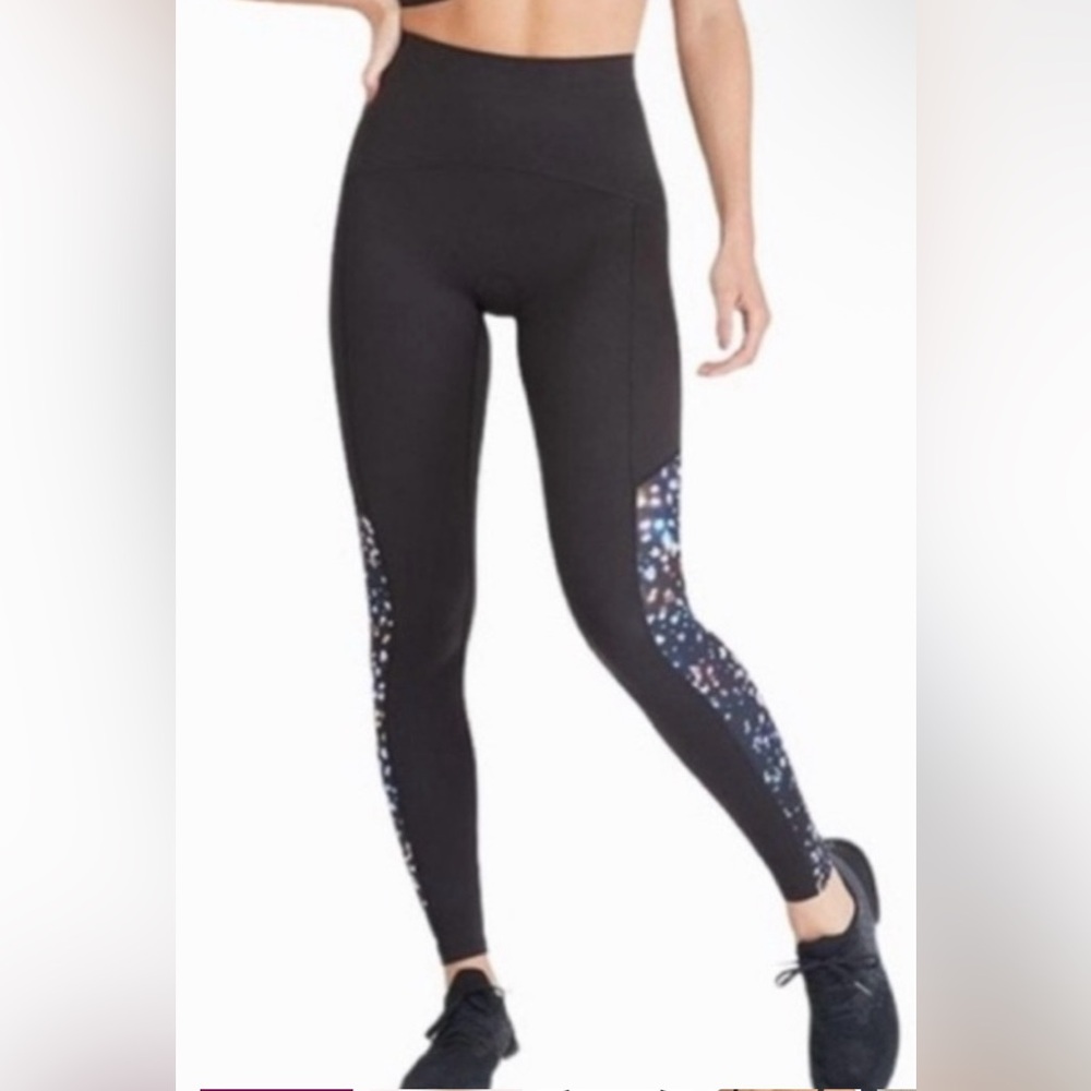 SPANX Black Leggings with Blue Pattern